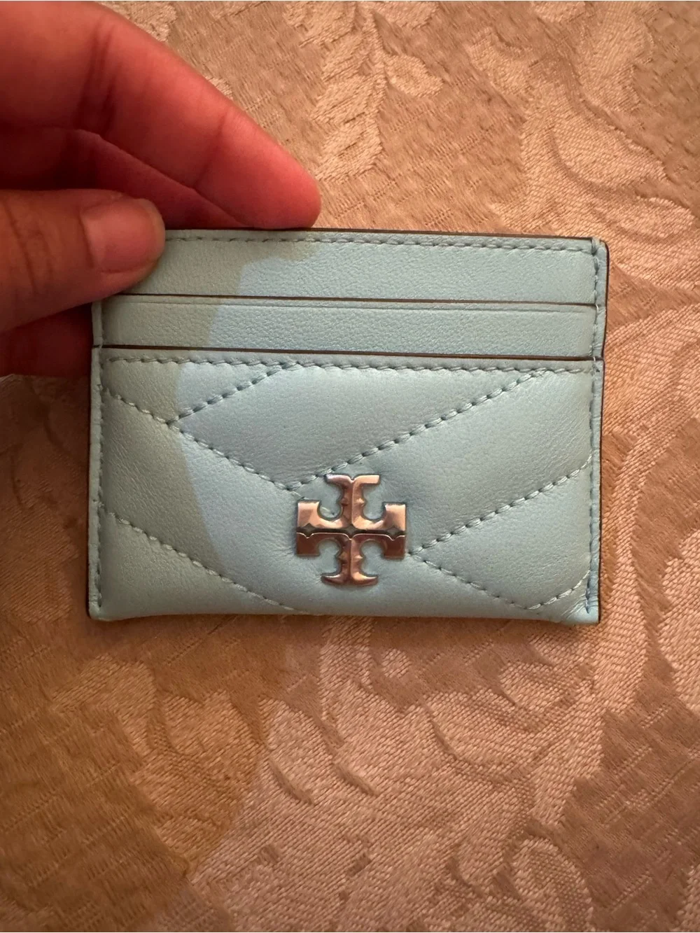 Tory Burch Quilted Card Case in Light Blue with Silver Logo